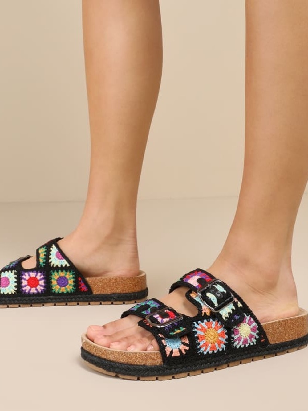 Dirty Laundry Black Multi Crochet Buckled Slide Sandals